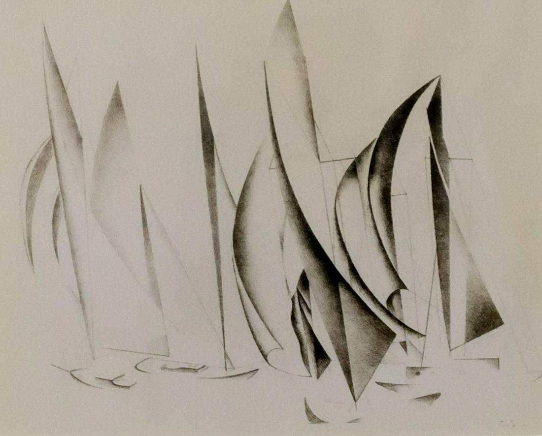 After Charles Sheeler, "Yachts": Charles R. Sheeler (American, 1883 - 1965) photographic reproduction of "Yachts" from an unknown edition, signed in print, stamp verso from The Addison Gallery of American Art, 7 1/2" x 9 1/4" sight s