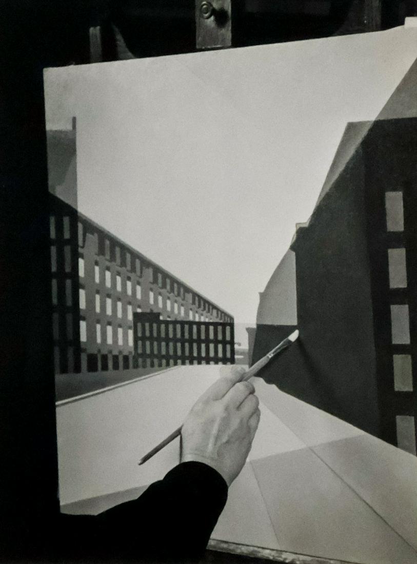 Musya Sheeler, Photo of Charles Sheeler Painting: Musya S. Sheeler (Russian/American, 1908-1981) detail Photograph of Charles Sheeler painting showing just his hand and the painting from the photo in Lot 213, pencil signed and dated in margins "Musya