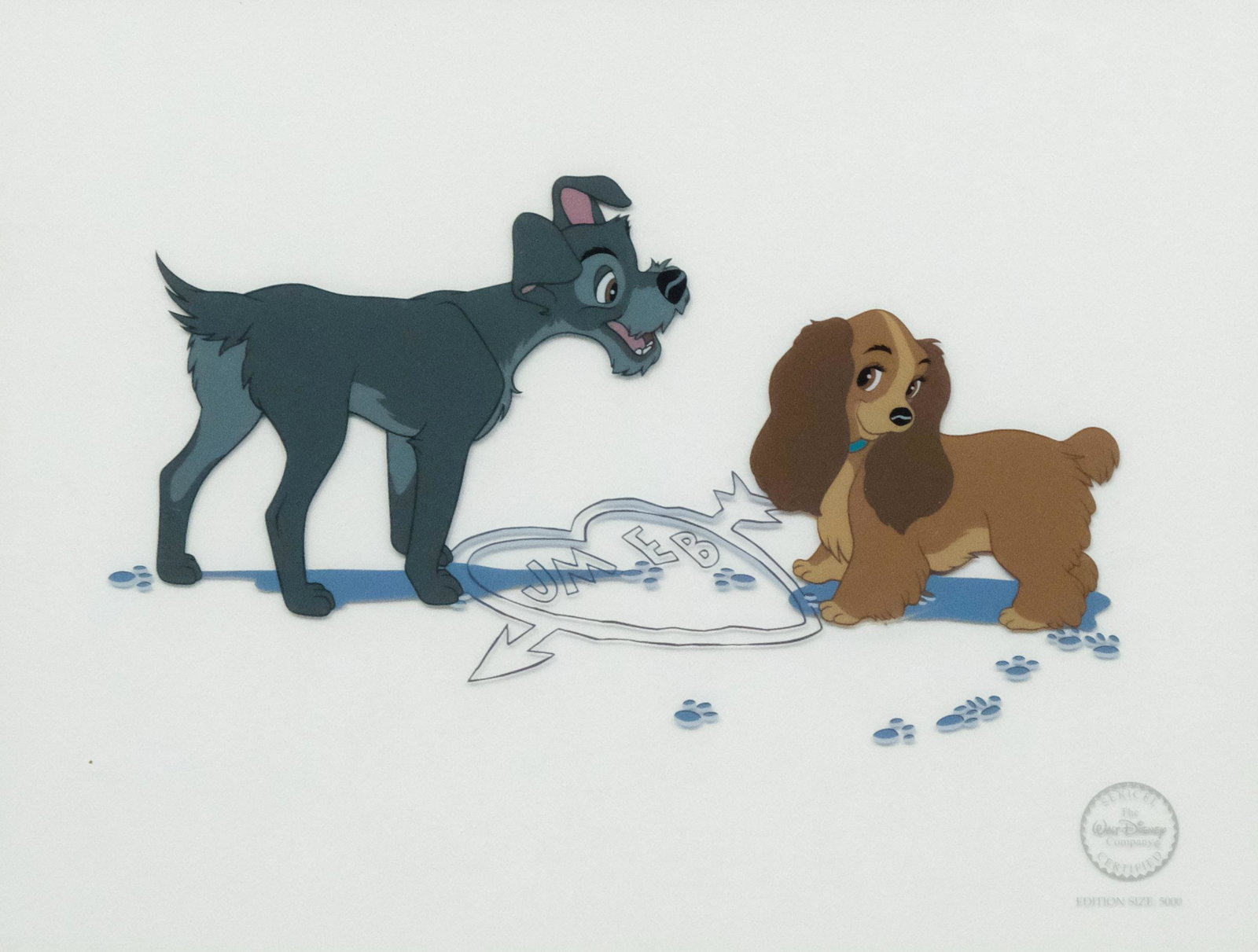 Lady and The Tramp Sericel, "Puppy Love": Walt Disney's "Lady and The Tramp" sericel animation, from an edition of 5000, documentation verso, 10" x 13" sight size, 18" x 21" framed.