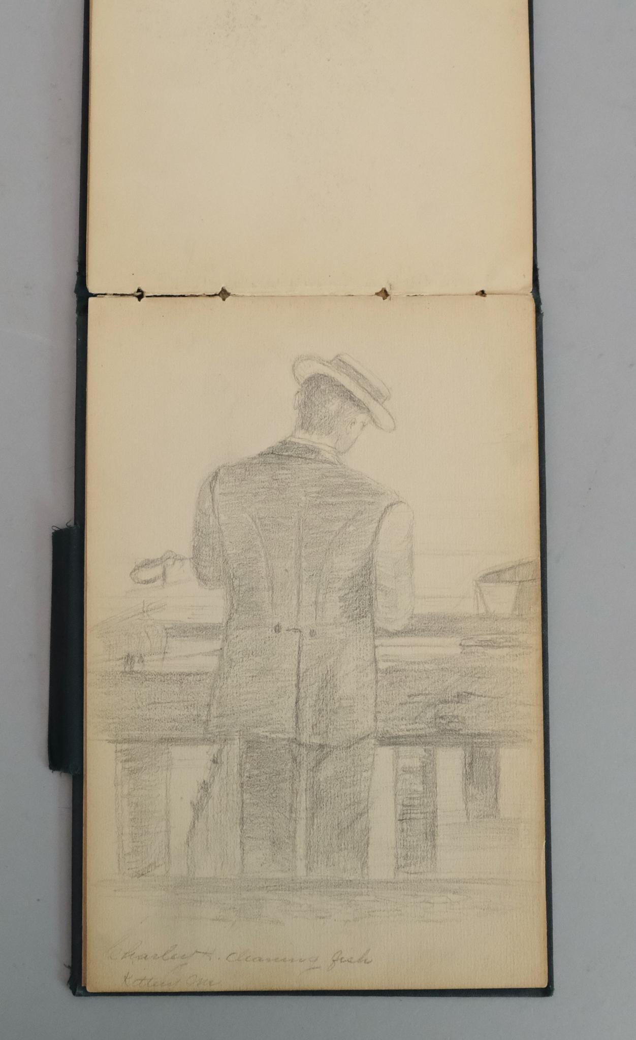 Sketchbook, Jeanette A. Stewart. C.1890's American: Including many pencil sketches of period figures, boats on forest lakes. 5 1/2" x 8 1/8". Bound in dark green. Book stamped as sold in Boston, MA.