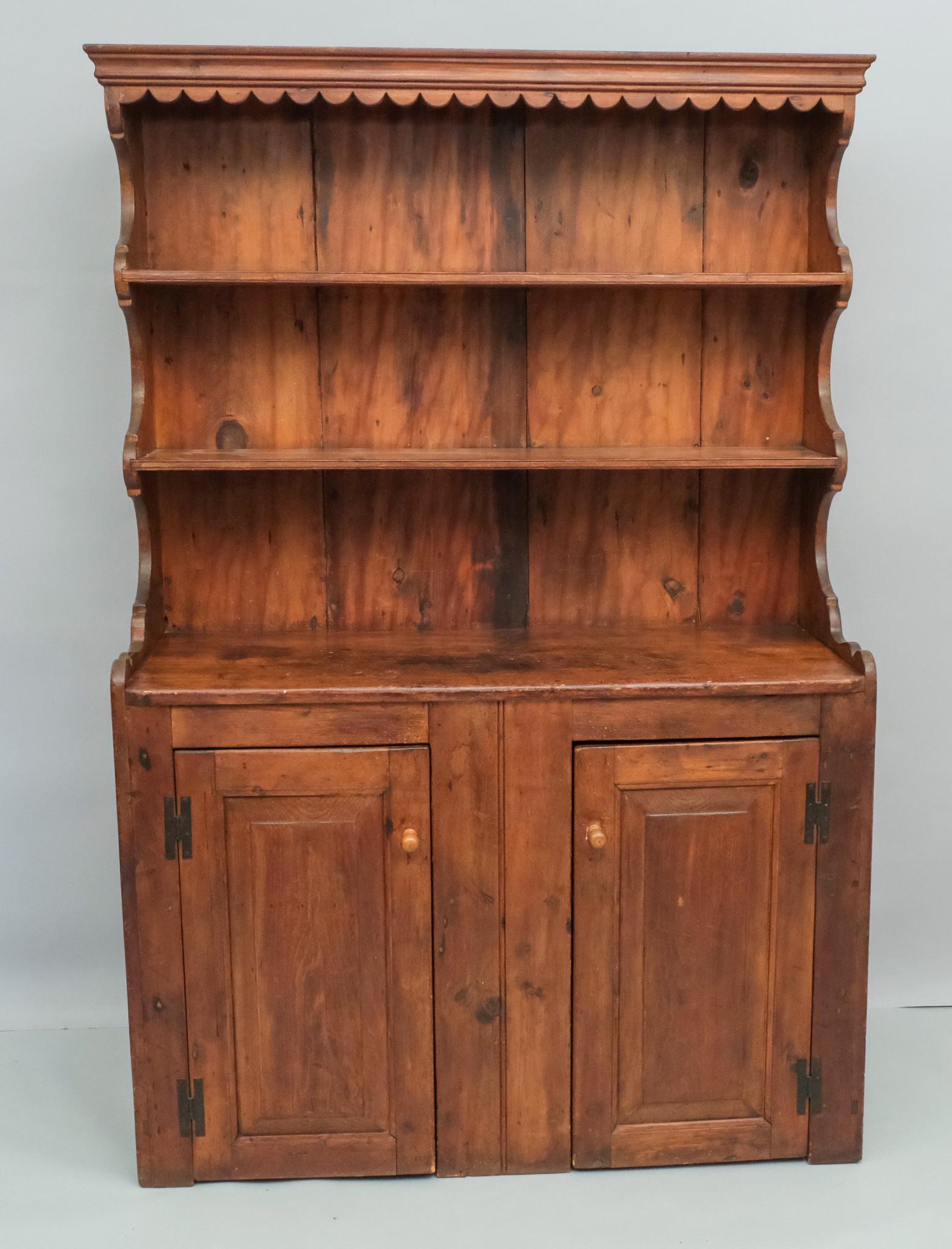 19th Century American Pewter Hutch: Pine, scalloped cornice with two shelves. Measuring 48" x 19" x 69" Used as a prop in the HBO miniseries "John Adams."