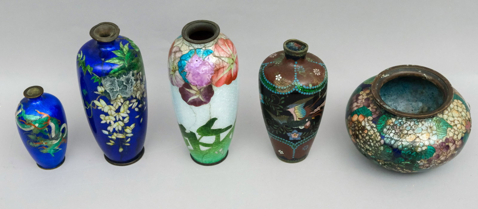 Lot of 5 Cloisonne Vases: Four with foil fields, two with makers marks (unidentified). Measurements 3 5/8" - 2".