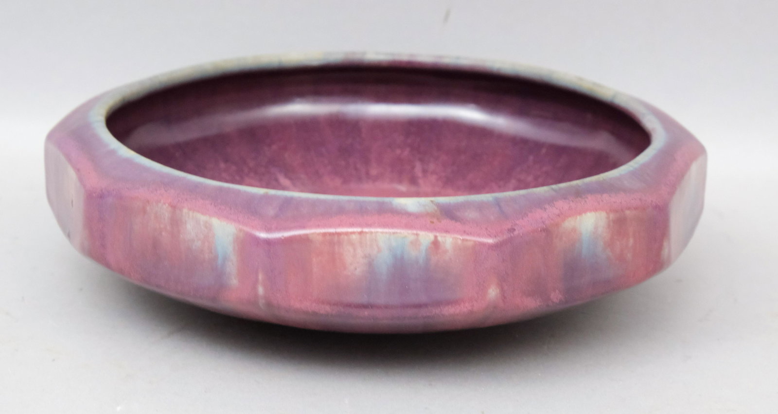 Fulper Art Pottery Flambe Violet Low Bowl: Low bowl in flame glaze. 9 1/2" diameter. Marked as shown with racetrack mark.