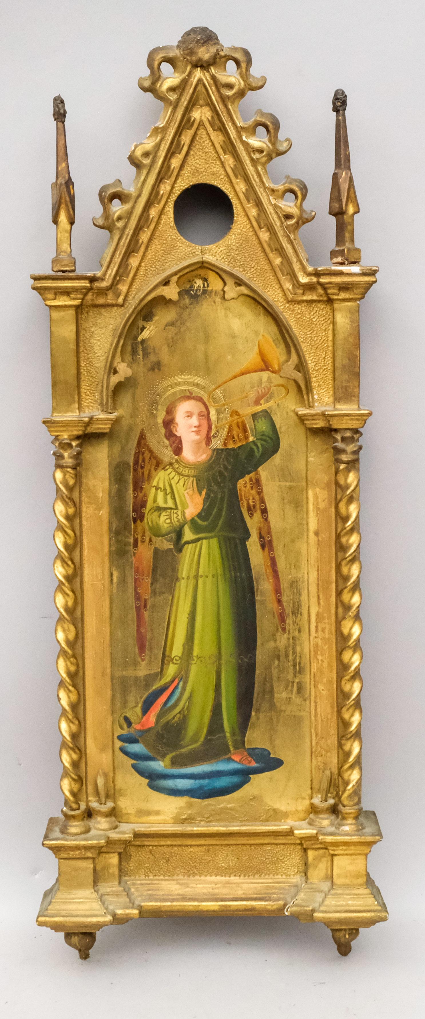 Uffizi Gallery 19th c. Painting After Fra Angelico: Uffizi Gallery 19th century grand tour painting after Guido di Pietro; (Italy, 1395 - 1455) known also as Fra Angelico, executed in tempera on gilded board, depicting an angel from 'The Linaioli Taber
