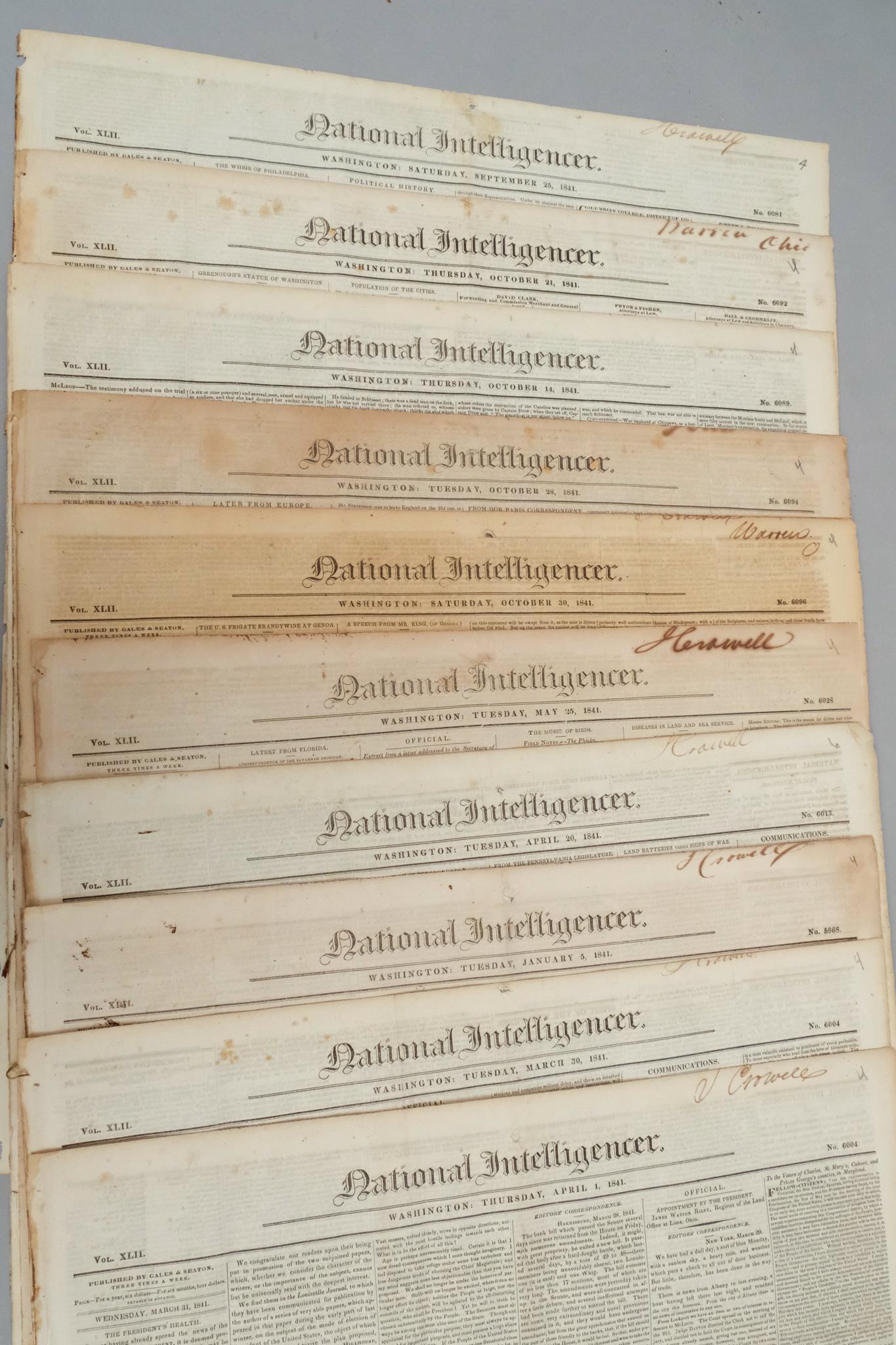 Washington National Intelligencer Newspapers 1841: 10 issues of this 19th Century newspaper.