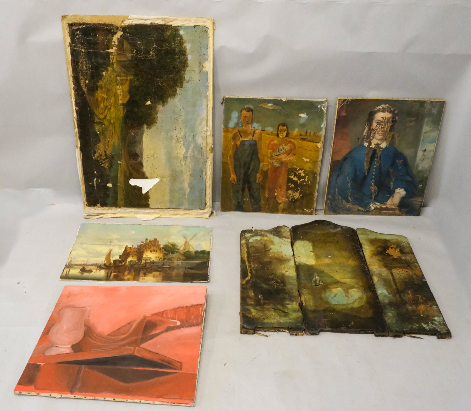 6 Canvases/Screen, Various States of Restoration: Group of six projects from the estate of a painting conservator, each in some stage of restoration, including a 3 panel screen, a Hudson River School landscape, and an Antebellum portrait, sizes range