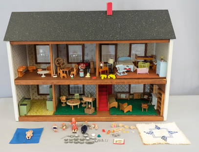 Hall's Lifetime Doll House 1#106A Manor & More: Complete with a large selection of furniture, appliances, dolls, etc. Removable roof. 38 1/2" x 14" x 27". Hall's Lifetime Toys Chattanooga Tennessee Manor House 1#106 A Doll Furniture