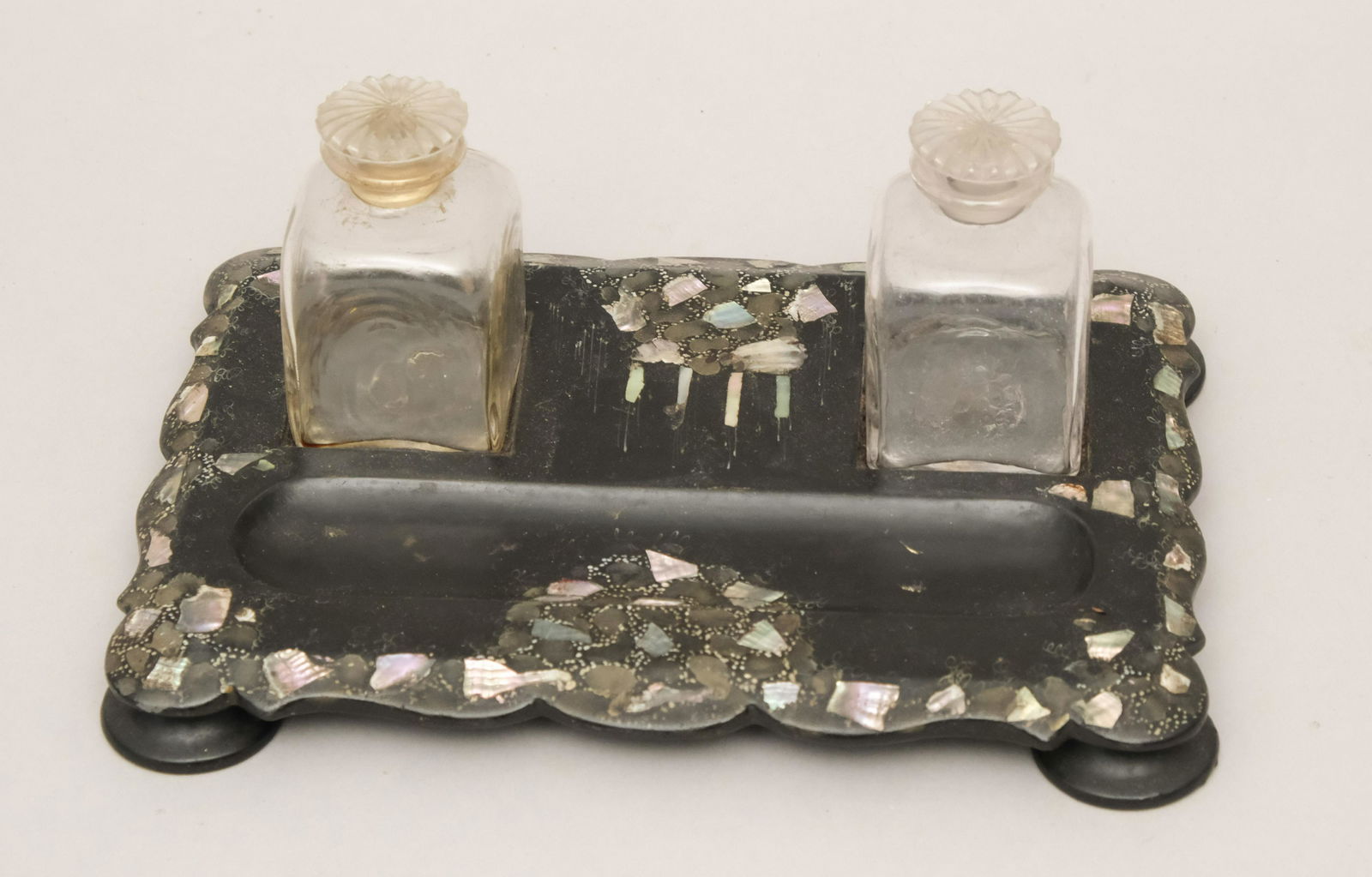 Victorian Black Lacquer & Mother of Pearl Inkwell (1 of 8)