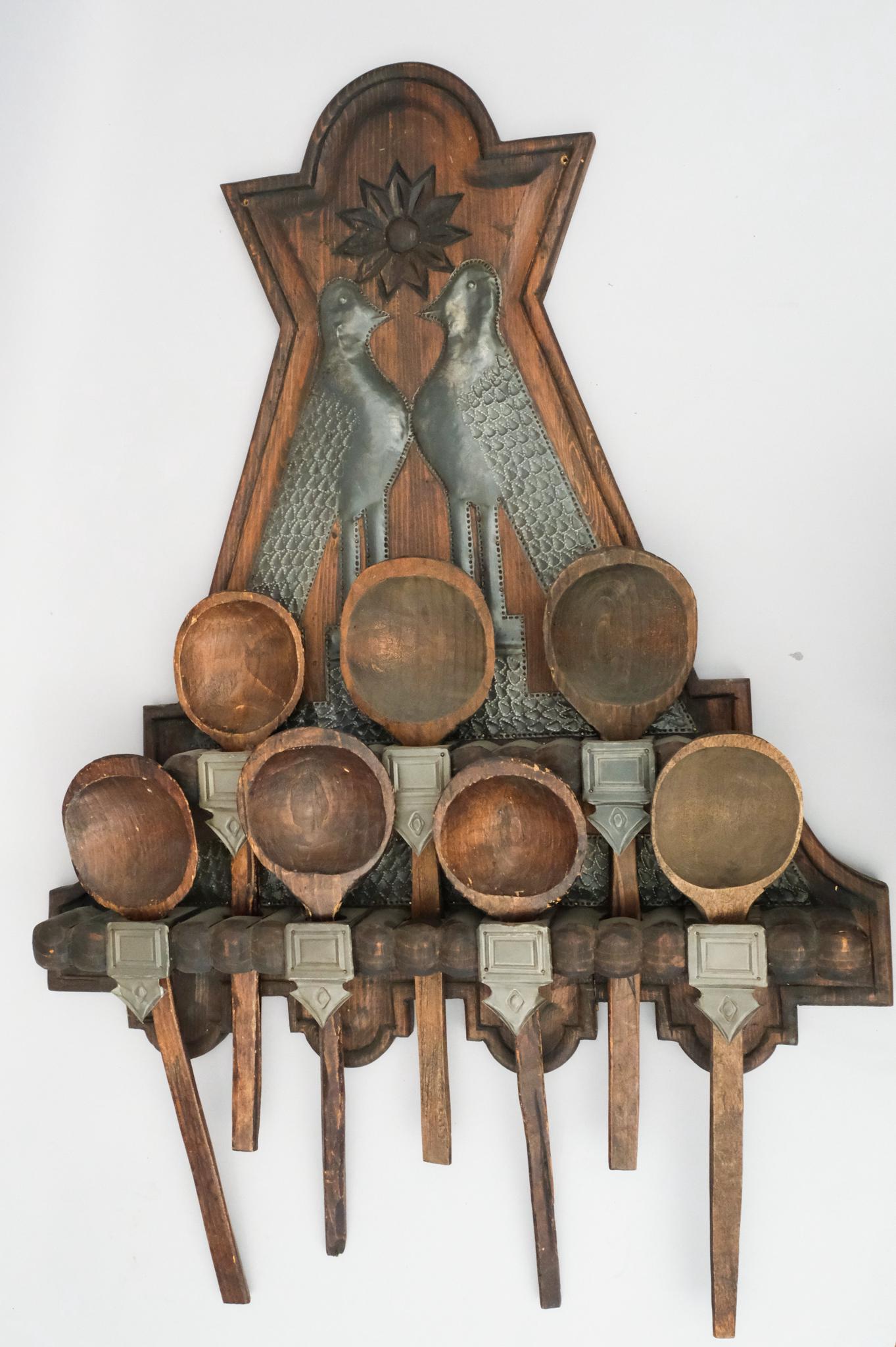 Large Old Carved Wood & Tin Folk Art Spoon Rack (1 of 4)