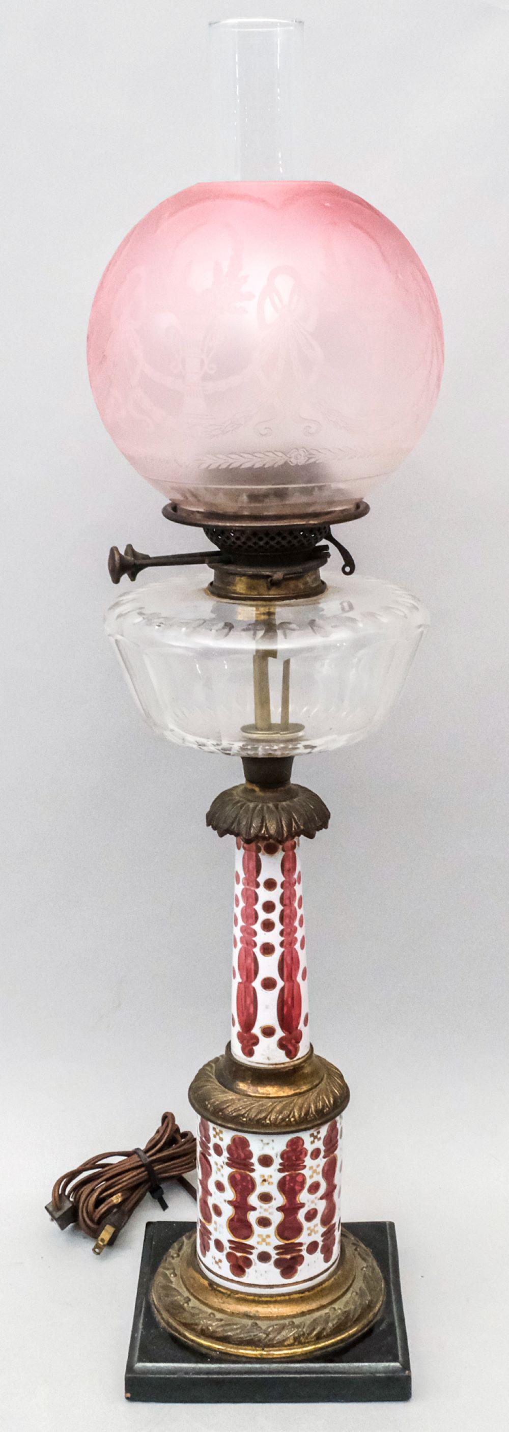 Wright & Butler Cranberry & White Cut Glass Lamp (1 of 9)