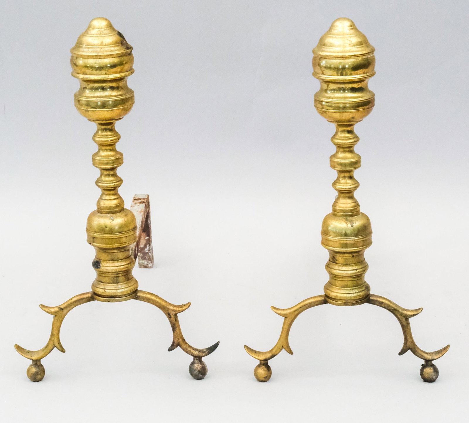Antique Pair of Brass Beehive Andirons: Diminutive size with branching feet. 15 1/4" x 15 1/2".