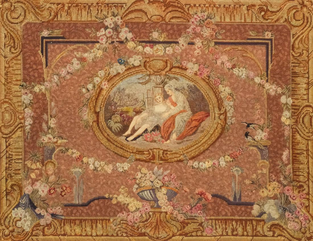 19th Century French Aubusson Tapestry Panel: French, ca. 1860, finely wrought with center cartouche having 18th century figures, 35 1/2" x 45 1/2" framed.