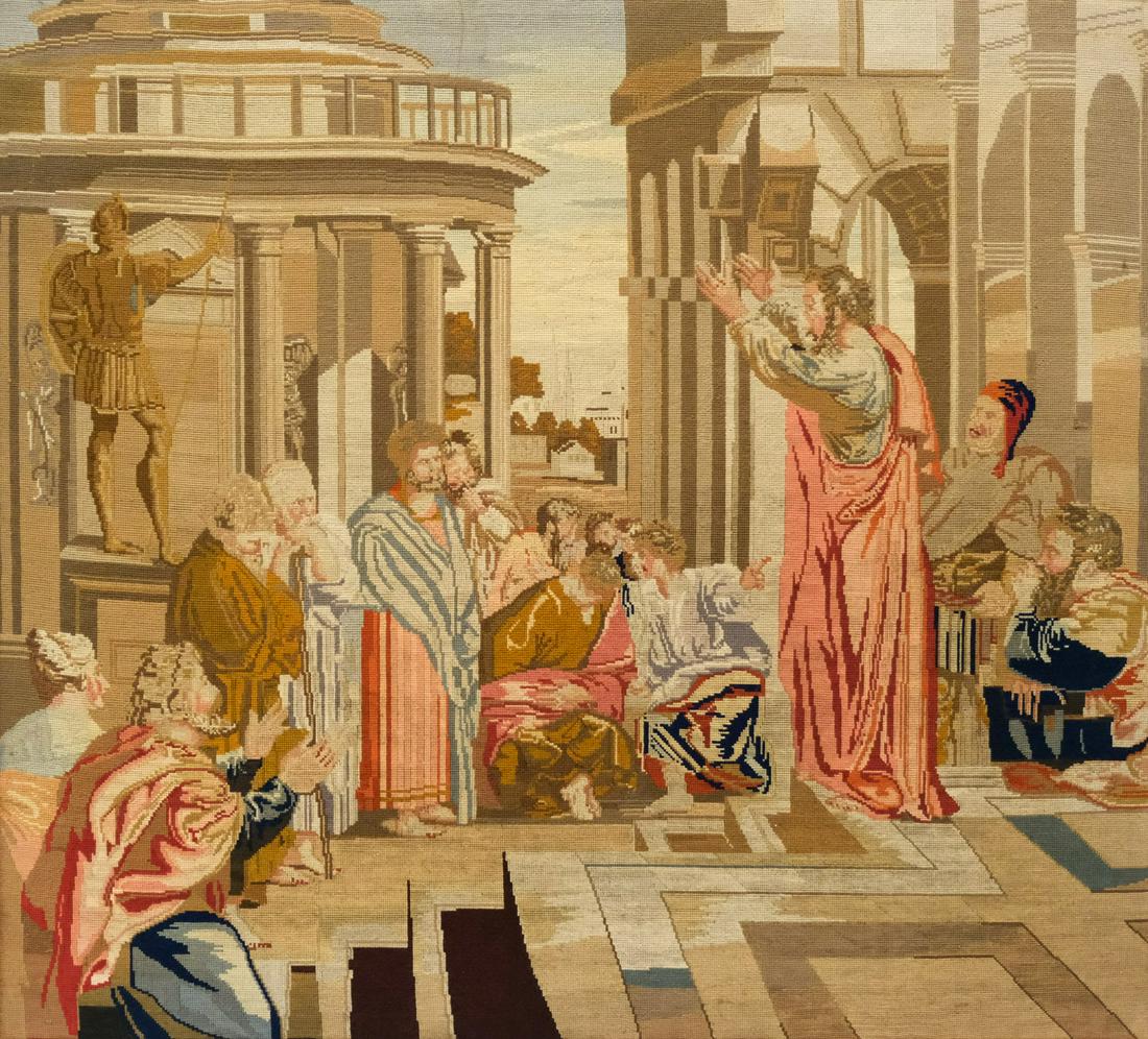 19th Century English Needlepoint: English, ca. 1850, large scale needlepoint depicting an orator in the Roman forum, 35 1/2" x 39 3/4" unframed.