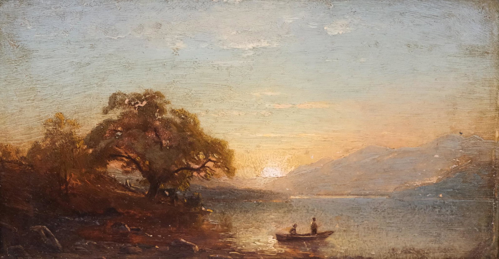 American School, Hudson River Landscape: American, ca. 1860, oil on board depicting a pair of figures on a boat fishing in the river, the sun setting over the mountains in the distance, housed in a custom giltwood frame, 6 1/4" x 11 1/4" boa