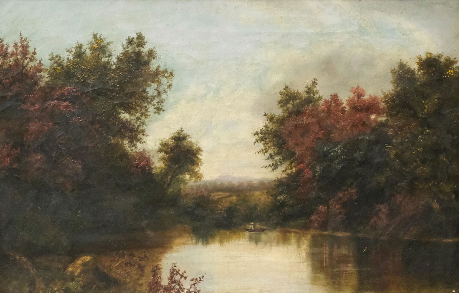 Hudson River School Painting Signed "J.F. Cropsey": American, ca. 1850, oil on canvas depicting a figure on a boat, bears possibly spurious signature l.r. "J. F. Cropsey" (Jasper Francis Cropsey, American, 1823-1900). Housed in a period sand spotted co