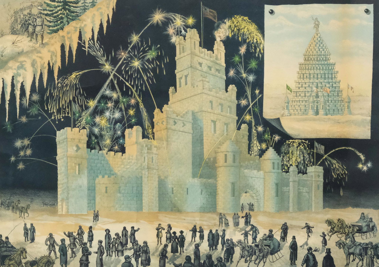 1885 Ice Castle Montreal Carnival Lithograph: Printed by the Canada Bank Note Co. Hand colored beautifully with sparkling sandpaper drawing like details. Housed in period walnut and gold frame. Measuring: 25" x 30", rabbet 22" x 28", molding 1".