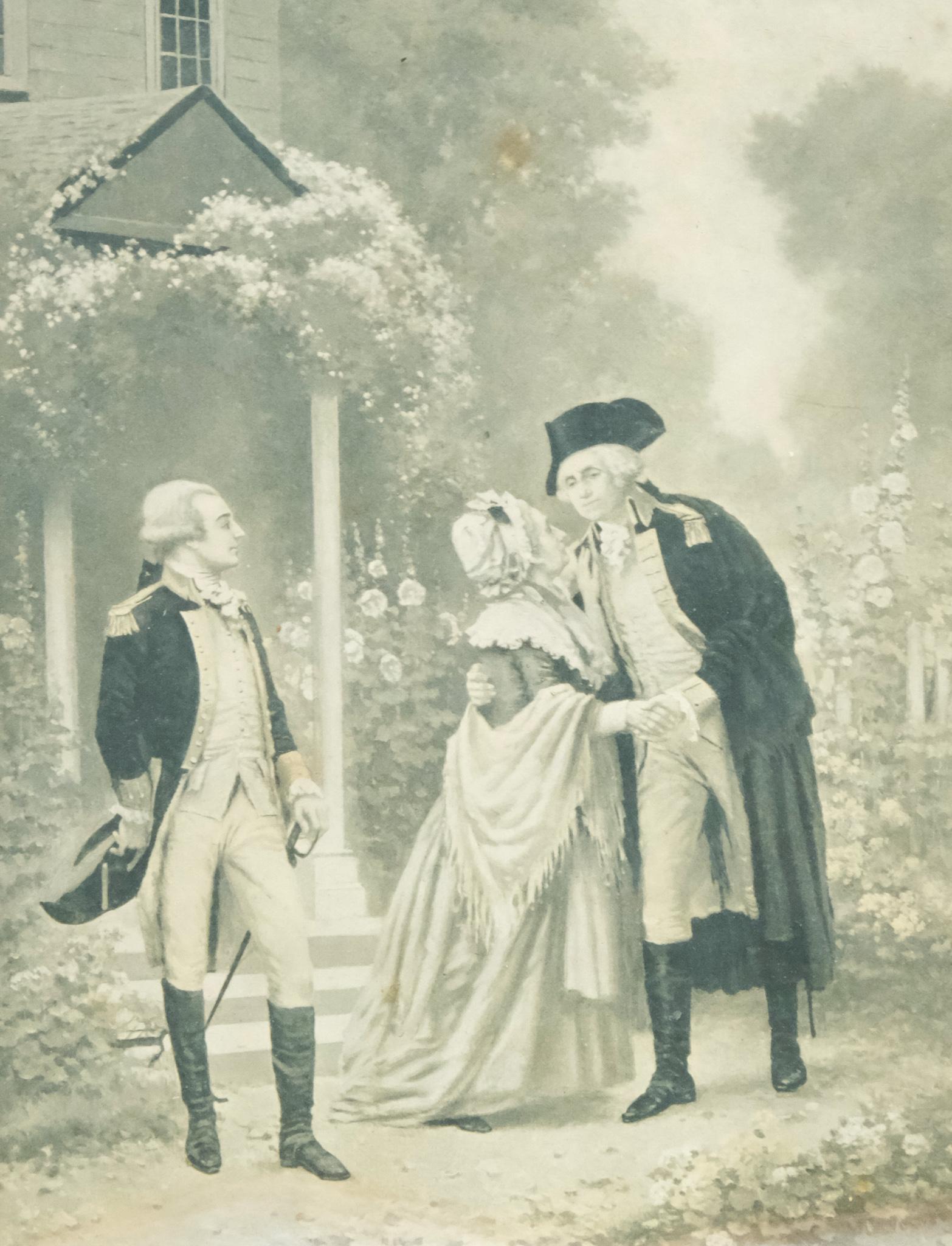 Washington Presenting Lafayette to His Mother: Edward Percy Moran (1862-1935) American, "Washington Presenting Lafayette to his Mother", litho on paper. Measures 9 1/2" X 13" sight, 12" X 15 1/4" overall.