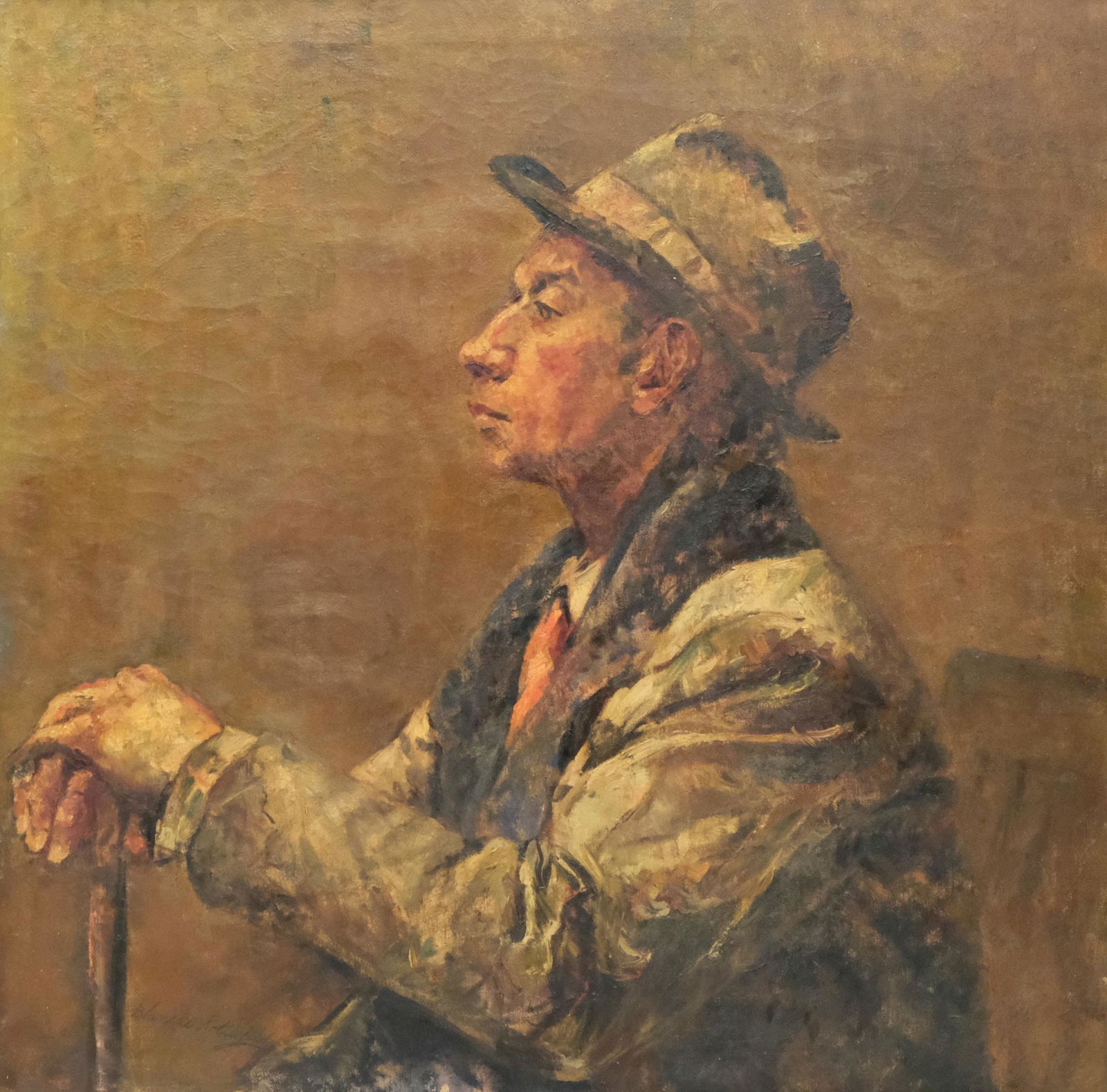 Blanche Rothschild, Portrait of a Gentleman: American, ca. 1940, oil on canvas profile portrait of a gentleman in fancy dress with a hat and walking stick, signed l.l., housed in a period giltwood frame, possibly by Heydenryk, 30" x 30 1/2" canv