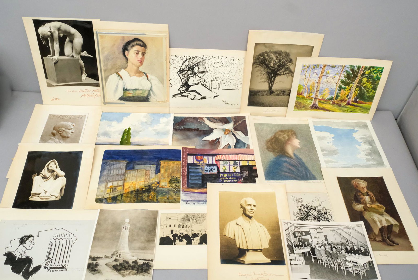 Large Lot of Oil Studies and Ephemera: All approximately 6" x 10" or slightly smaller, various artists including Marion Nelson, La Velle, Ethel Hamilton, Seaver, Sidney Jones, Robert Hamilton, Marie Latasa, A. Stirling Calder, etc.