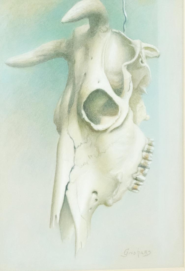 Werner Groshans, Cattle Skull: Werner Emil Groshans (New Jersey/Germany, 1913-1986) pastel on paper depicting a cattle skull, signed l.r., housed in a 19th century gilt frame, 10 1/4" x 15" sight, 20 1/4" x 25" framed. Provenance: