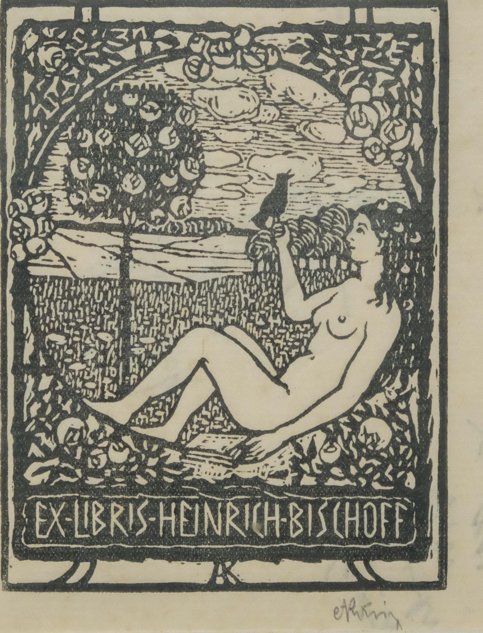 Albert Konig, Ex Libris of Heinrich Bischoff: Albert Konig, German, (1881-1944), woodcut print on paper, giltwood frame. Ex libris of Nazi S.S. member Heinrich Bischoff. Measures 9" X 11" framed, 3 1/4" X 4 1/2" sight.