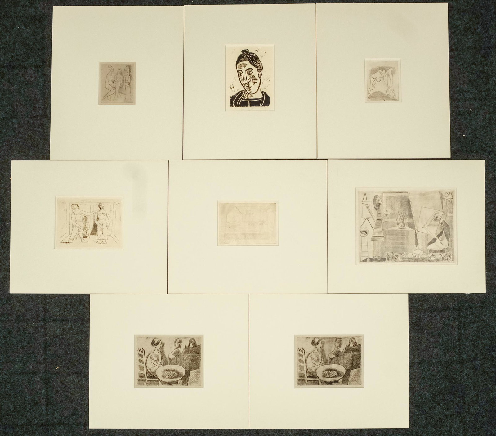 Edgar Levy, Group of Eight Etchings: Edgar Levy (1907 - 1975) 8 matted etchings, some are signed, 16 1/2" x 19 1/2" mat size, images range in size from 6 1/2" x 8 1/2" to 9 1/2" x 12 1/2" Provenance: Babcock Galleries.