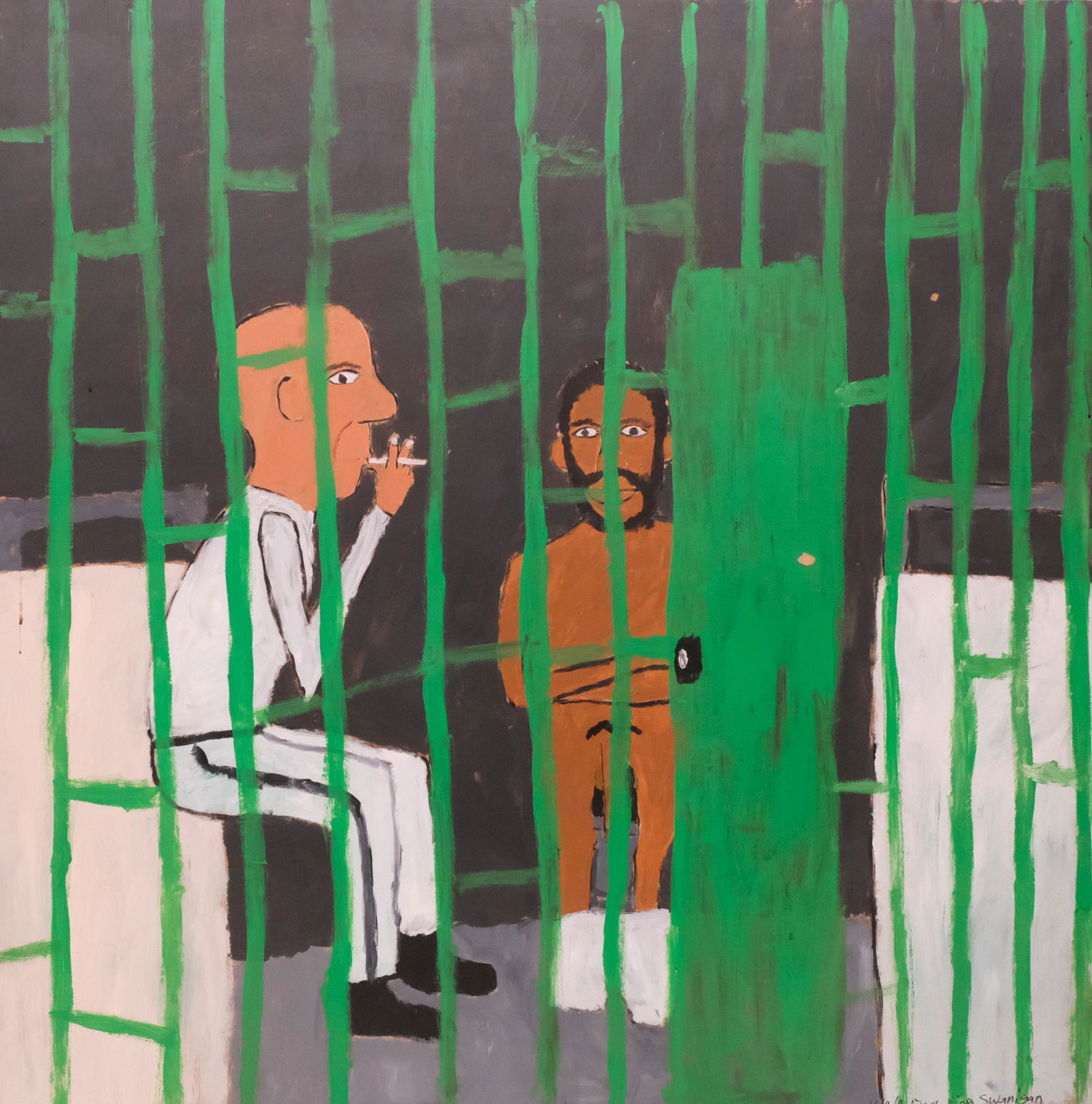 Earl Swanigan, The Conversation: Earl Swanigan, (American, 1964-2019) Acrylic on masonite, large format depicts two men in prison. Signed and dated l.r. "11/9/9 Earl King Swanigan" 48" x 48" unframed. Swanigan was a noted Outsider ar