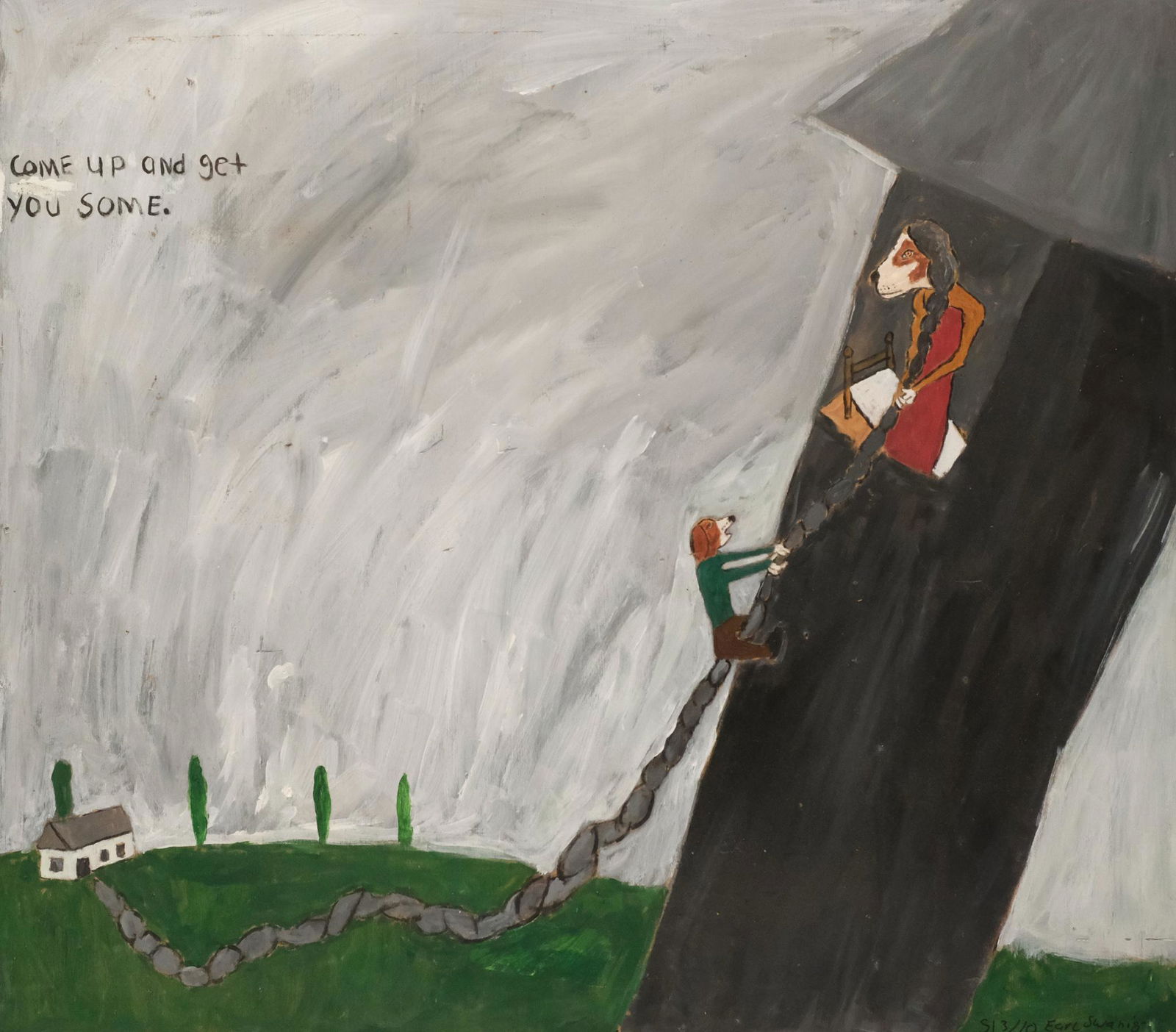 Earl Swanigan, Dog Rapunzel: Earl Swanigan, (American, 1964-2019) Acrylic on masonite, large format depicts anthropomorphised dogs in a parody of Rapunzel. Signed and dated l.r. "5/3/10 Earl Swanigan" 39" x 44" unframed. Swanigan