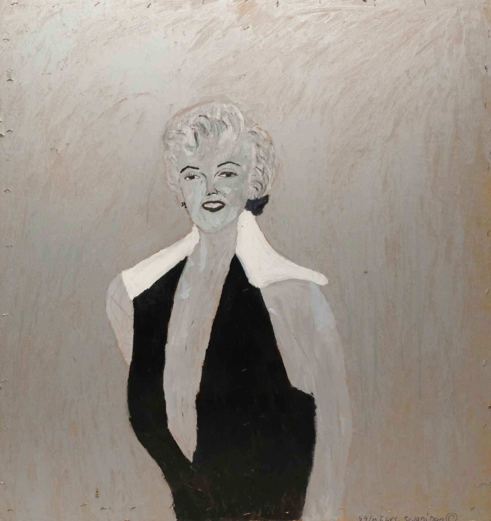 Earl Swanigan, Marilyn Monroe: Earl Swanigan, (American, 1964-2019) Acrylic on masonite, large format depicts Marilyn Monroe. Signed and dated l.r. "1/9/10 Earl Swanigan" 43 1/4" x 45 1/2" unframed. Swanigan was a noted Outsider ar