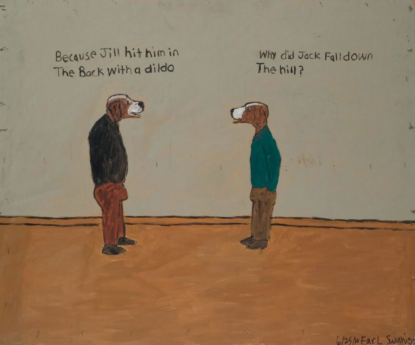 Earl Swanigan, Jack and Jill: Earl Swanigan, (American, 1964-2019) Acrylic on masonite, large format depicts anthropomorphised dogs reciting a parody of the Jack and Jill rhyme. Signed and dated l.r. "6/25/10 Earl Swanigan" 33 1/2