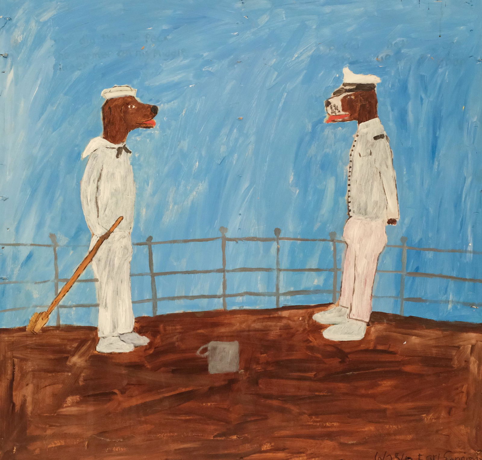 Earl Swanigan, Sailors: Earl Swanigan, (American, 1964-2019) Acrylic on masonite, large format depicts anthropomorphised dog sailors on the deck of a ship. Signed and dated l.r. "6/25/10 Earl Swanigan" 41" x 43 1/2" unframed