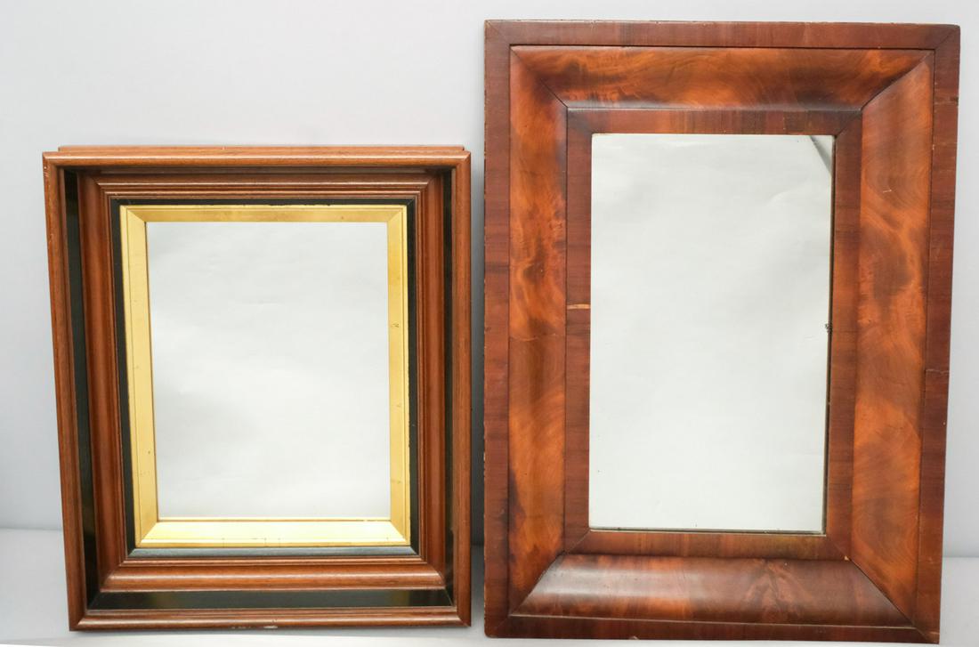 Lot of Two Mahogany and Walnut Mirrors: One American Empire ogee mirror and one Victorian shadowbox walnut frame with a gilt liner, 17 1/2" x 21 1/2" and 19" x 26"