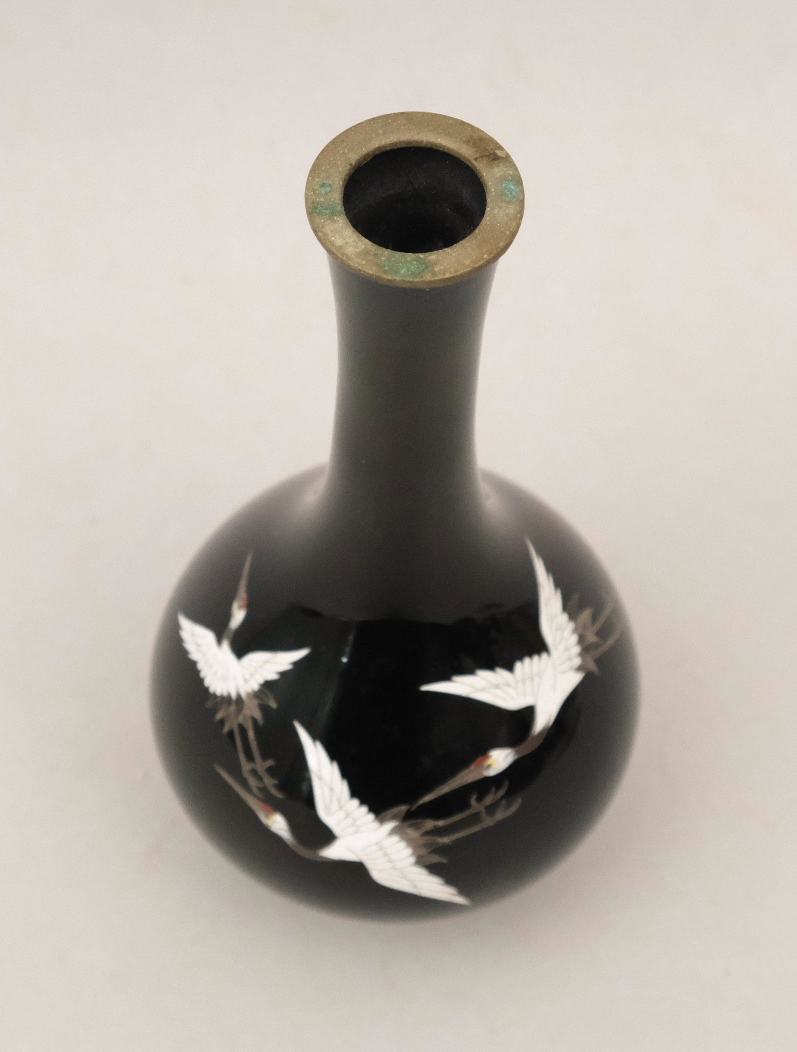 Japanese Cloisonne Black Field Crane Vase: With chrome base and fine wine work. Marked "Made in Japan". 5 3/4".