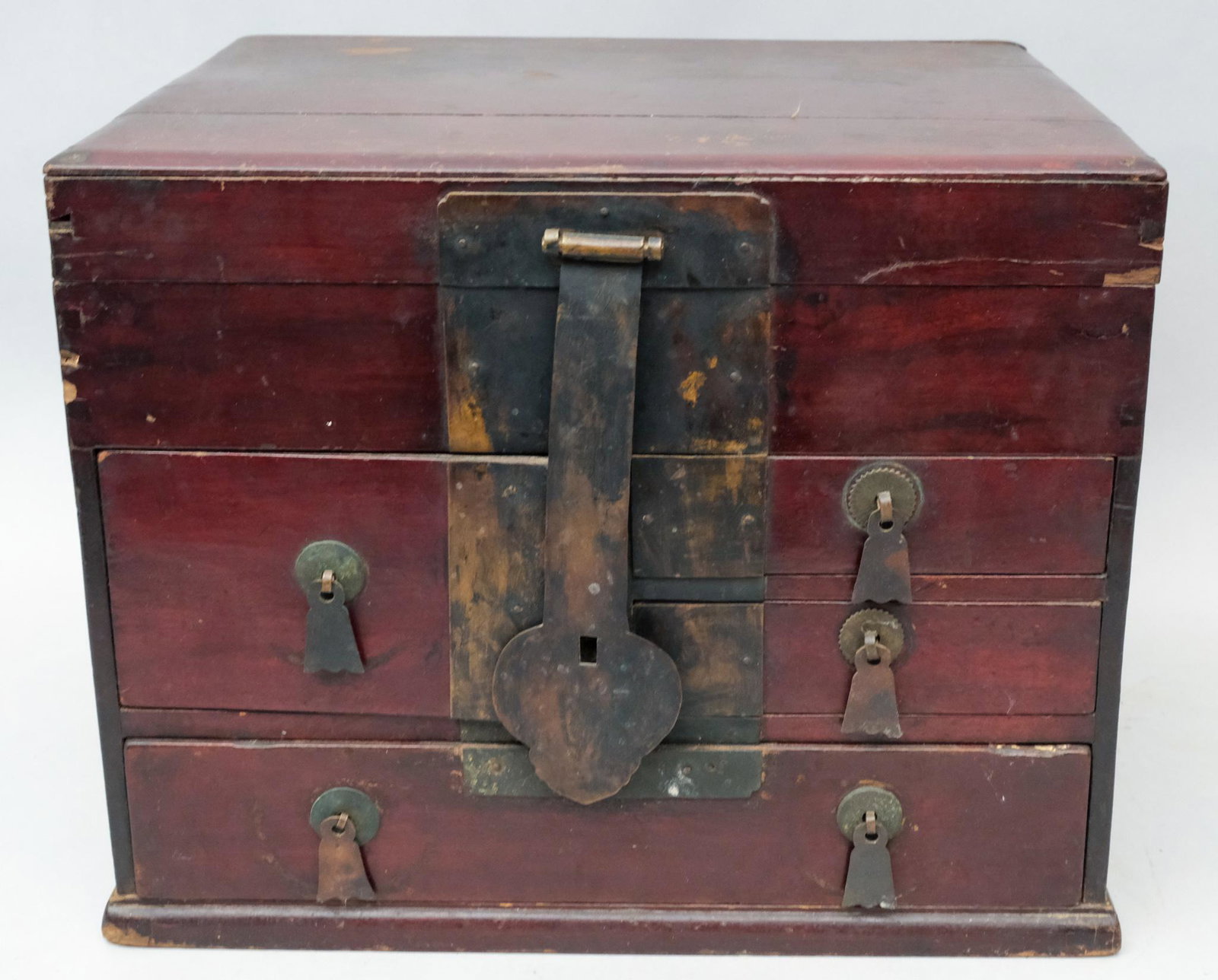 Antique Chinese Wooden Scholar's Seal Box: Of traditional Ming form, with brass latches and hardware. 12" x 13 1/4" x 15 1/4".