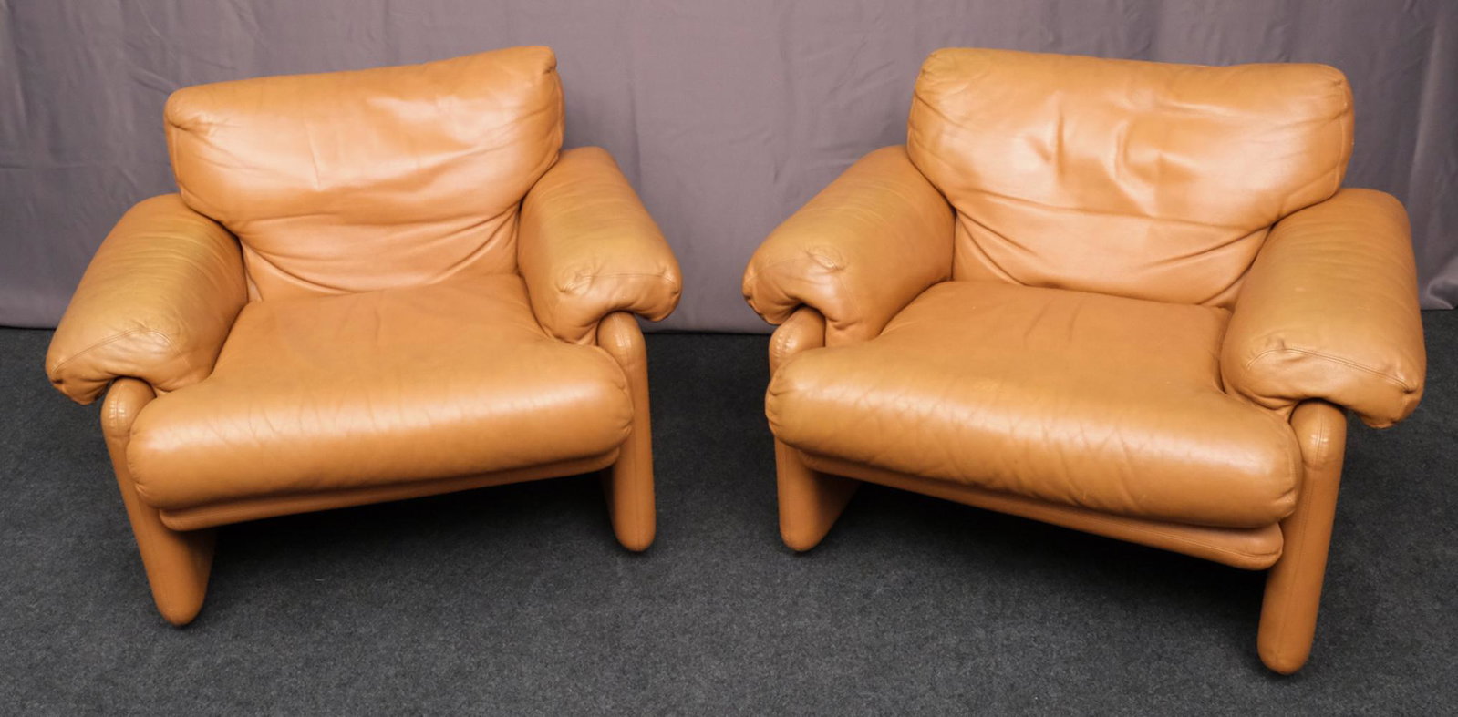Pair Tobia Scarpa B&B Italia Leather Club Chairs: "Coronado" designed chairs in cognac leather. Marked as shown. 29-1/2"H 32"W 31"L
