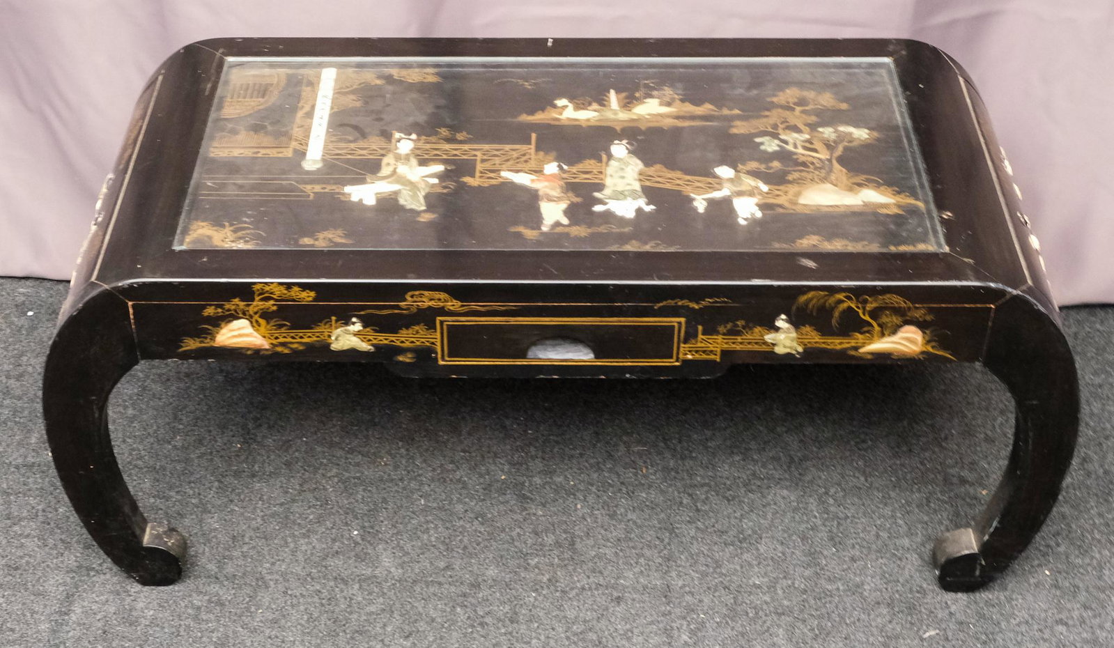 Antique Chinese Hardstone Inlaid Low Table: Generously decorated with familial scenes, top under glass with bookended single drawers. Measures 42" X 16" high X 18".