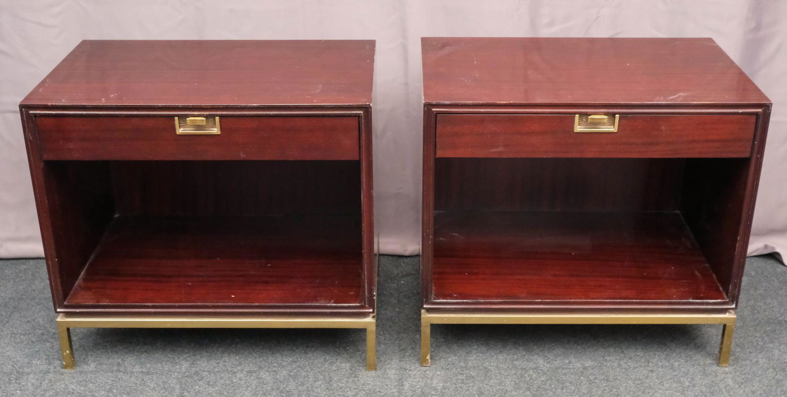 Pair of Baker Thomas Pheasant Side Tables: Solid mahogany and brass Chinese inspired end tables. One drawer over a large under shelf. Marked on drawer interior. 26:H 17"W 28"L