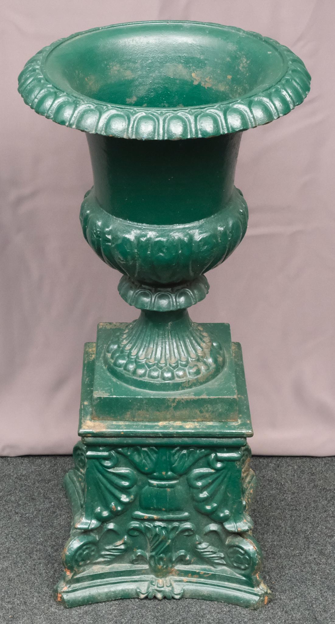Two Part Antique Cast Iron Garden Urn: Neo-classical form in the manner of Fisk Height 32" Diameter 15" at widest