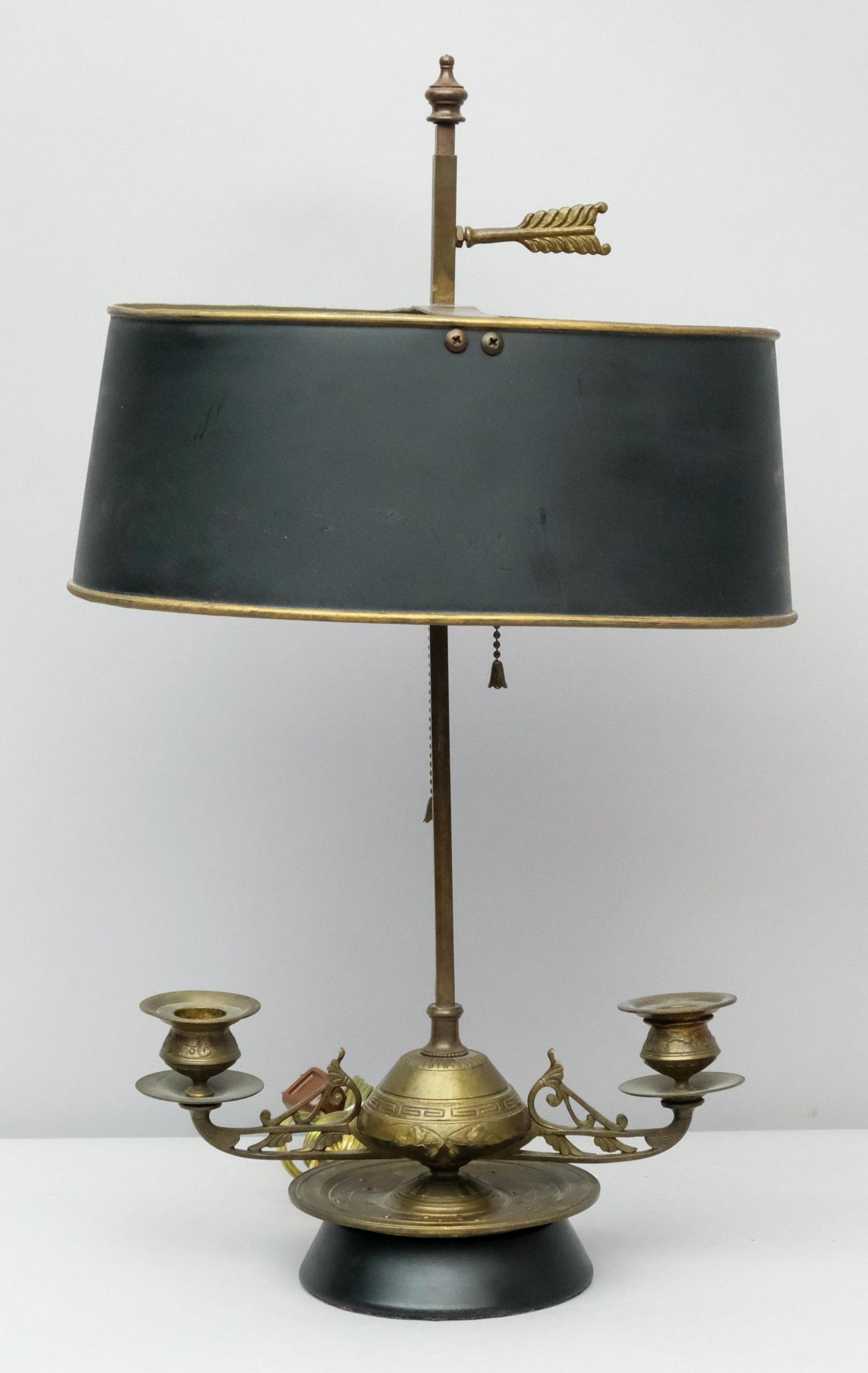 Chinese Bronze Candelabra Mounted as Lamp: With key and clouds. Black custom shade and arrow. 10 1/2" x 12 1/2".