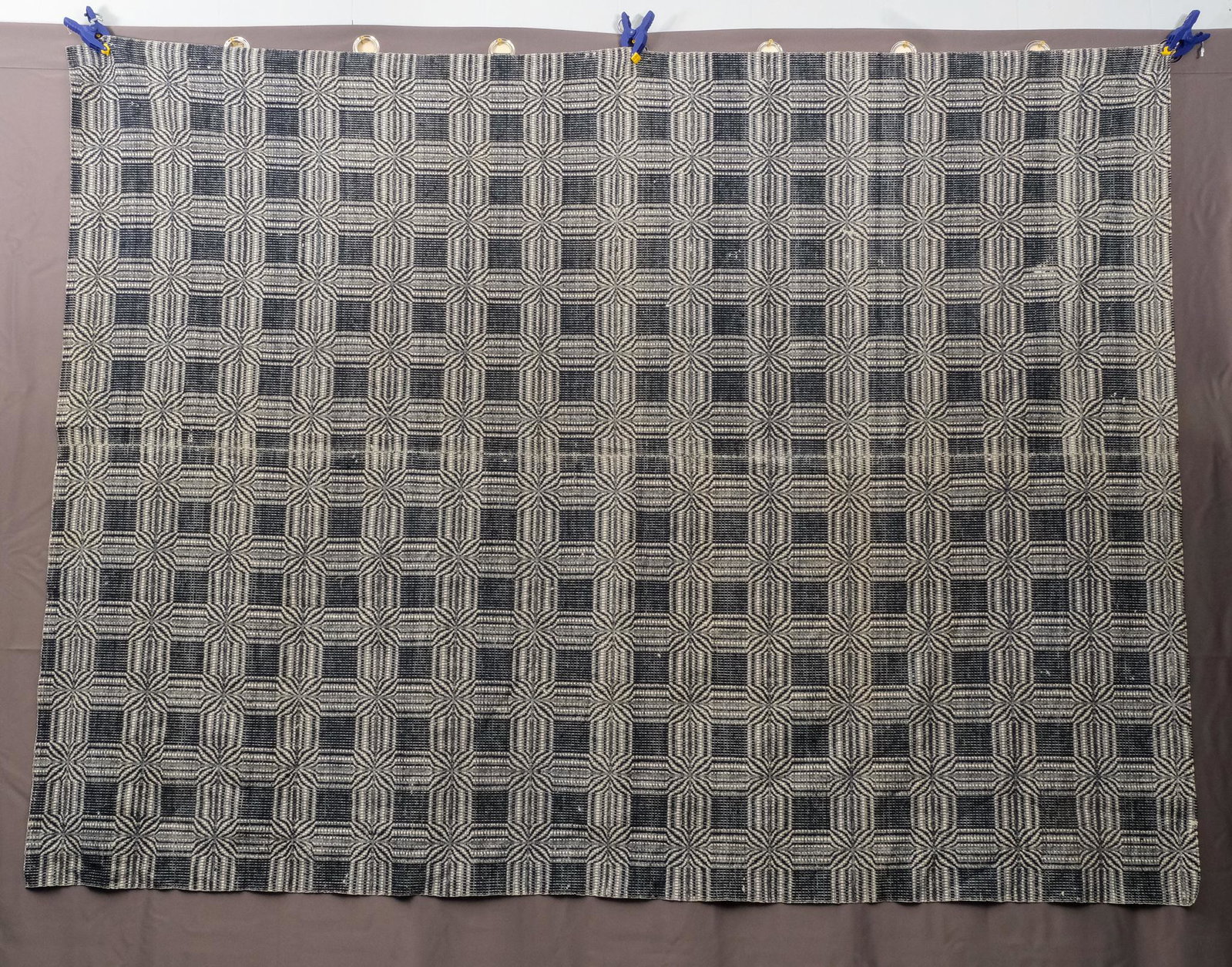 Lot of Three Antique Jacquard Coverlets: Comprising a blue & white, double sided red, white, and blue, and a another red, white, and blue. From a Hudson Valley Estate.