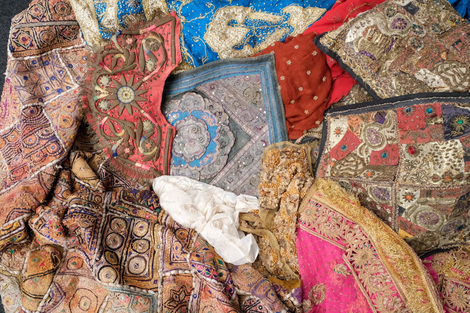 Lot of Antique Embroidered & Bejewelled Textiles: Possibly Middle Eastern or Austro Hungarian. Comprising pillows, tapestries, fragments, etc.