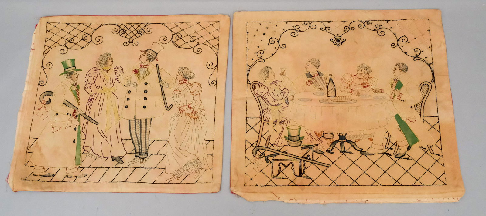 2 African American Folk Art Textiles: Depicting 19th Century Black gentry dining and stepping out. Measures 17 1/2" X 20".