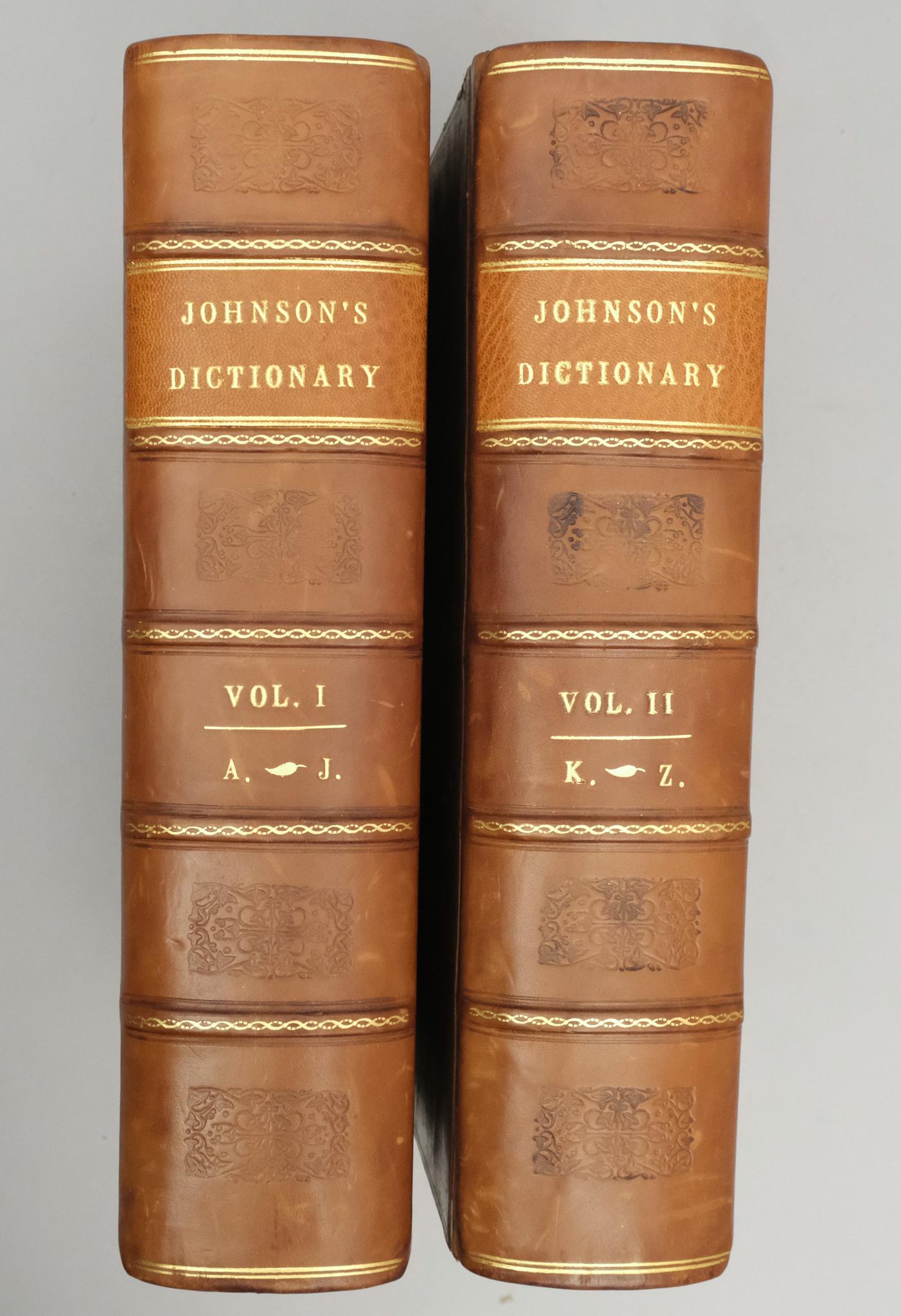 2 Volume Set of Johnson's Dictionary: London, 1831. Each measure 9" X 11 1/4" X 2 3/4".