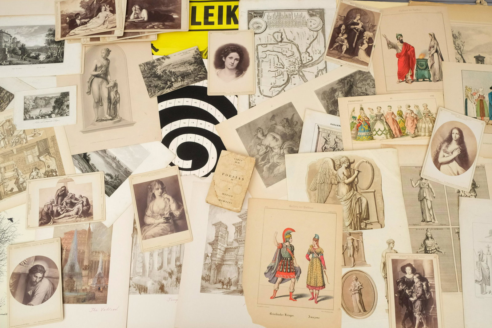 Large Lot of antique Printed Material and Ephemera: Including: Cabinet cards, a German panther show advertisement, a Mexican book of poetry and various prints and engravings. Largest measures 16" X 18".