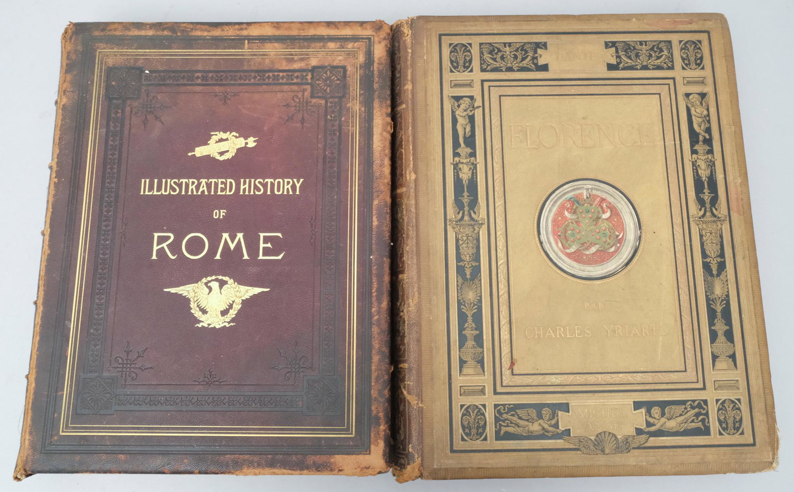 Lot of Two Antique Books of Italian Interest: Comprising "Florence" by Michael Ange (1880), written in French. Also "The Illustrated History of Rome" (Philadelphia, 1884), containing numerous steel engravings. Measure 12" X 15 1/2" X 2", 12" X 15