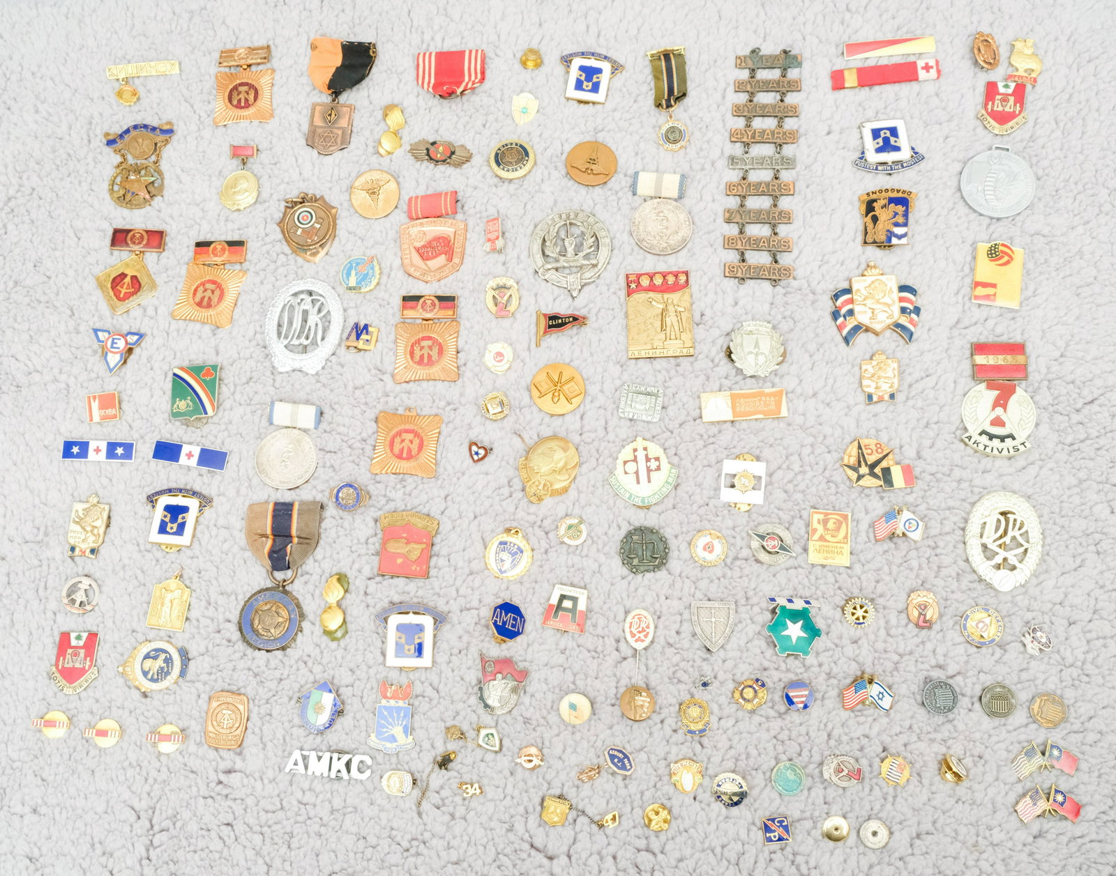 Large Collection of Miscellaneous Medals & Pins: Many fraternal order, as well as Soviet Russian. Some sterling silver and gold filled. Interesting lot.