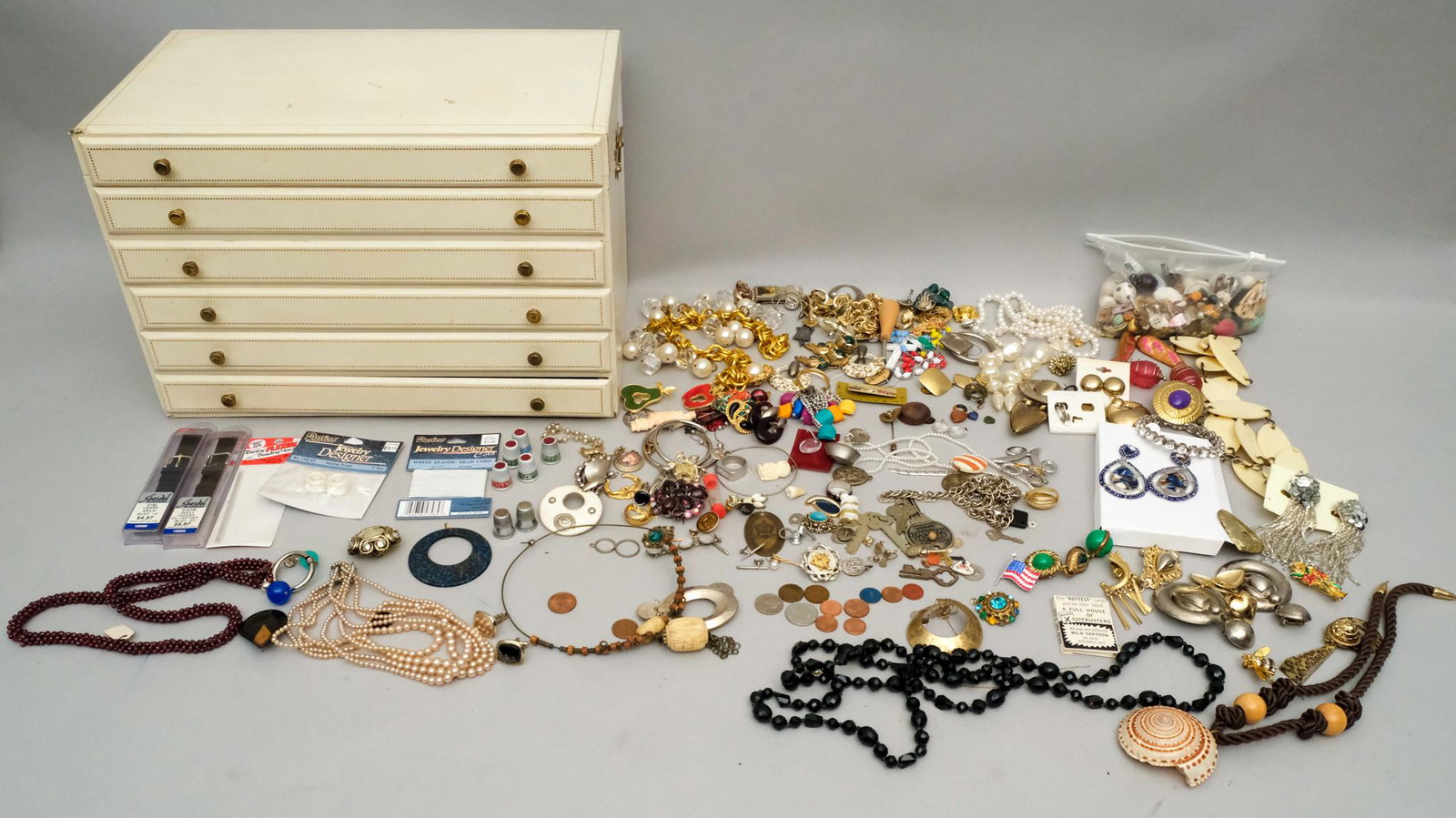 Large Vintage Jewelry Box with Contents: All different materials, forms, and eras. Measures 9" X 10 1/2" X 16".