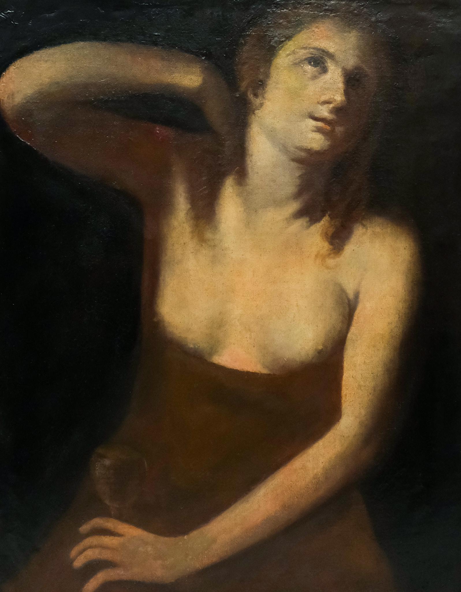 Italian School, Nude with Goblet: Italian, 18th century or earlier, oil on canvas depicting a partially nude woman with a chalice in her hand, housed in a giltwood frame, 23 1/4" x 29 1/4" canvas, 30 1/2" x 37" framed.