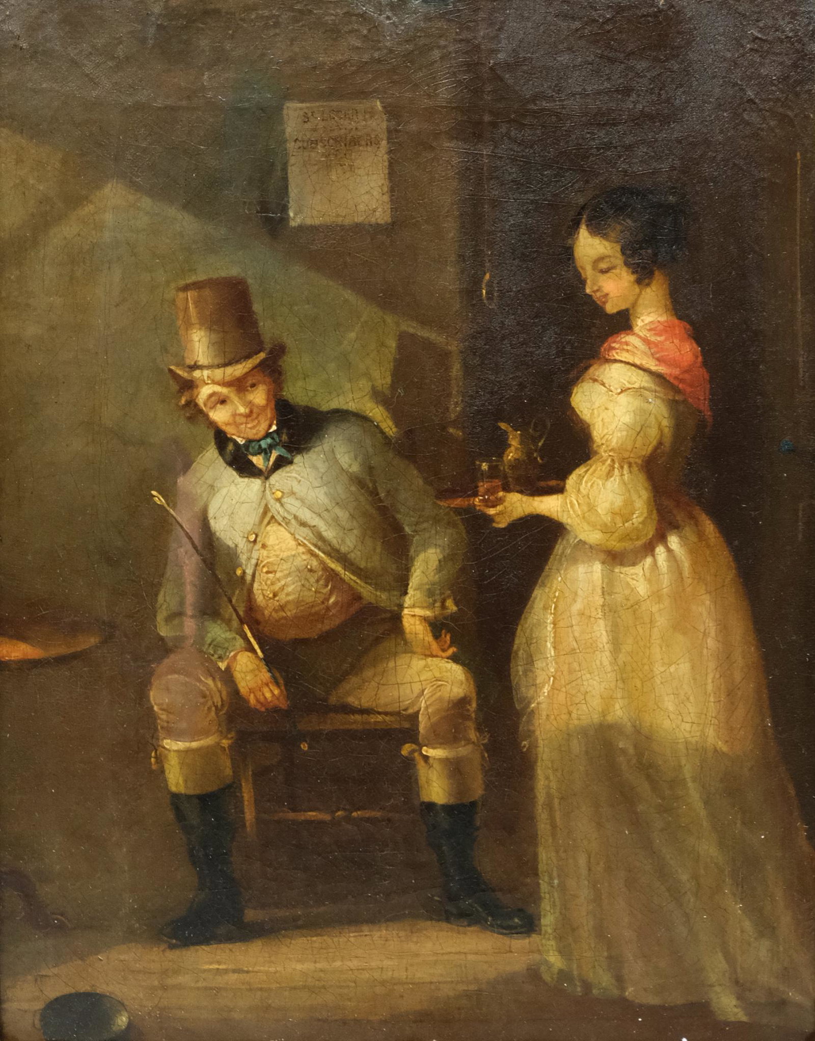European School, Genre Scene: Attributed to Christian Wilhelm Ernst Dietrich (1712 - 1774) oil on canvas depicting a pretty young woman bringing a gentleman a glass of wine, housed in a period giltwood frame, 13 1/4" x 17 1/2" can