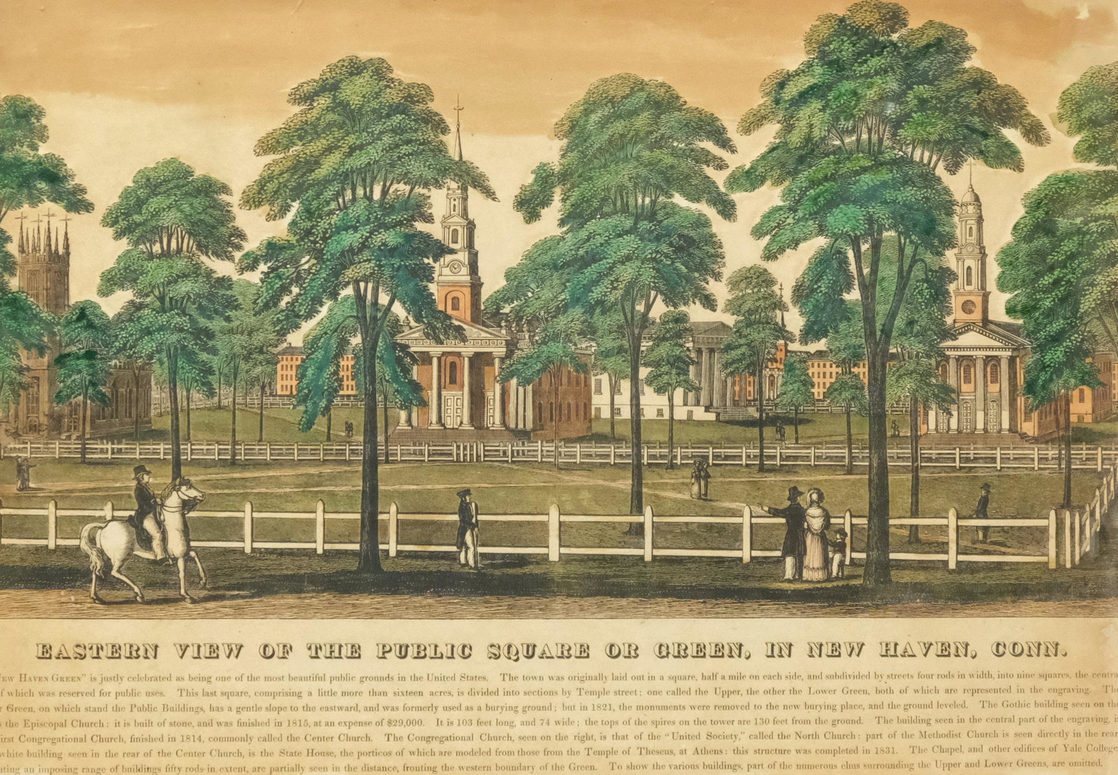 Eastern View of the Public Square New Haven, Conn.: Hitchcock & Stafford, 72 Chapel Street, hand colored litho "Eastern View of the Public Square or Green, in New Haven, Conn." printed in 1840, housed in a period sully style pine frame, describes the h